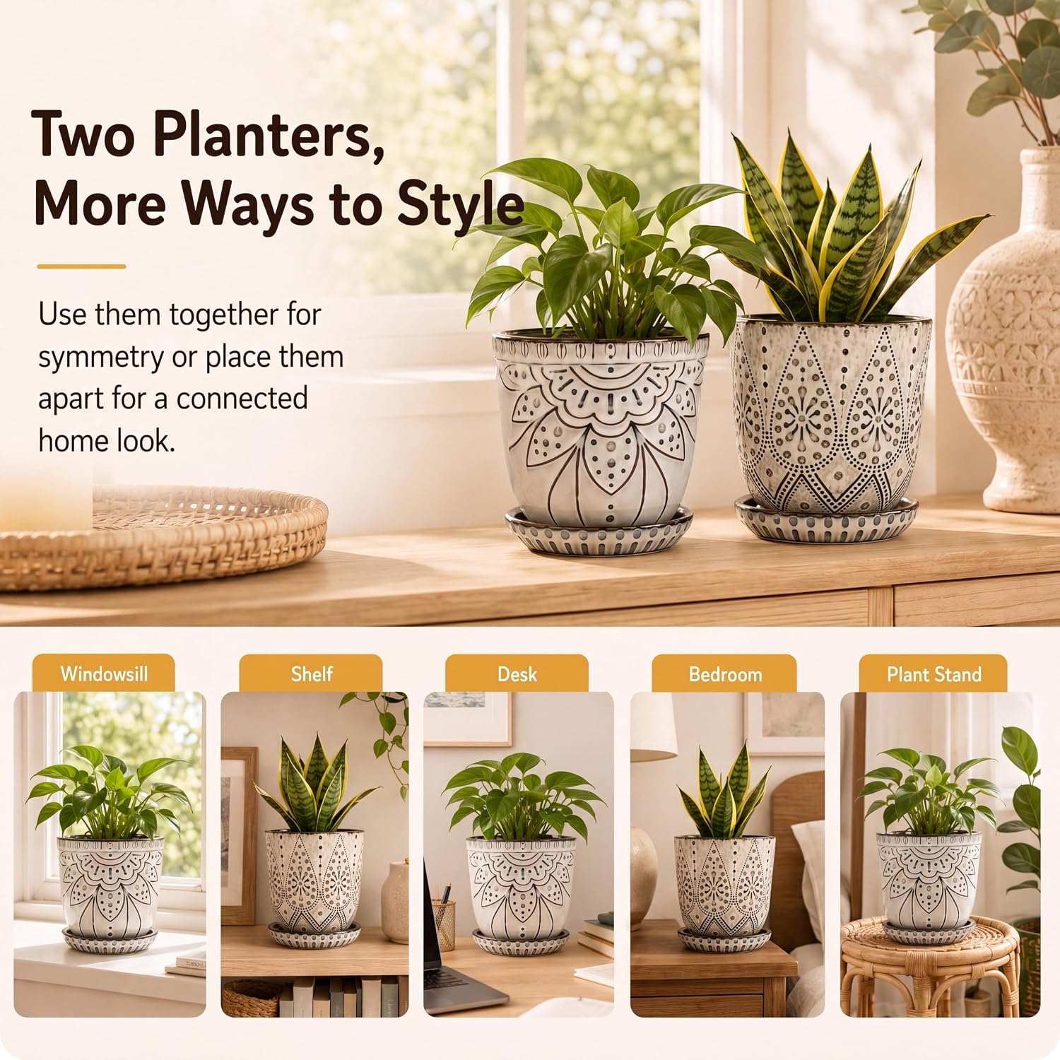 Ceramic Indoor Planters with Drainage and Saucers, 6 inch