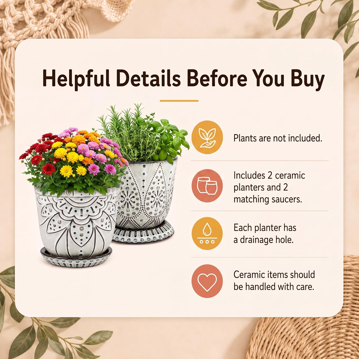 Ceramic Indoor Planters with Drainage and Saucers, 6 inch