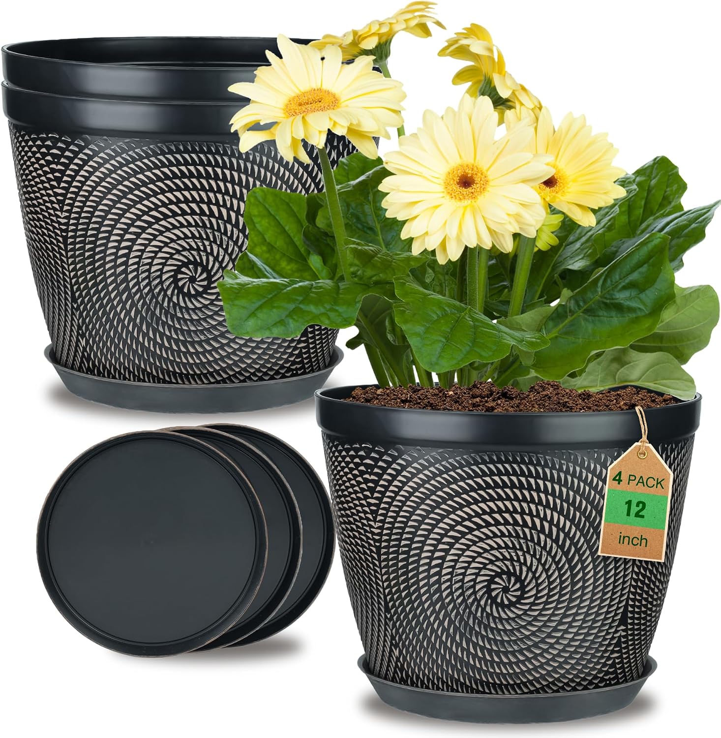 Large Flower Pots with Drainage Holes, 4 Pack, 12 inch