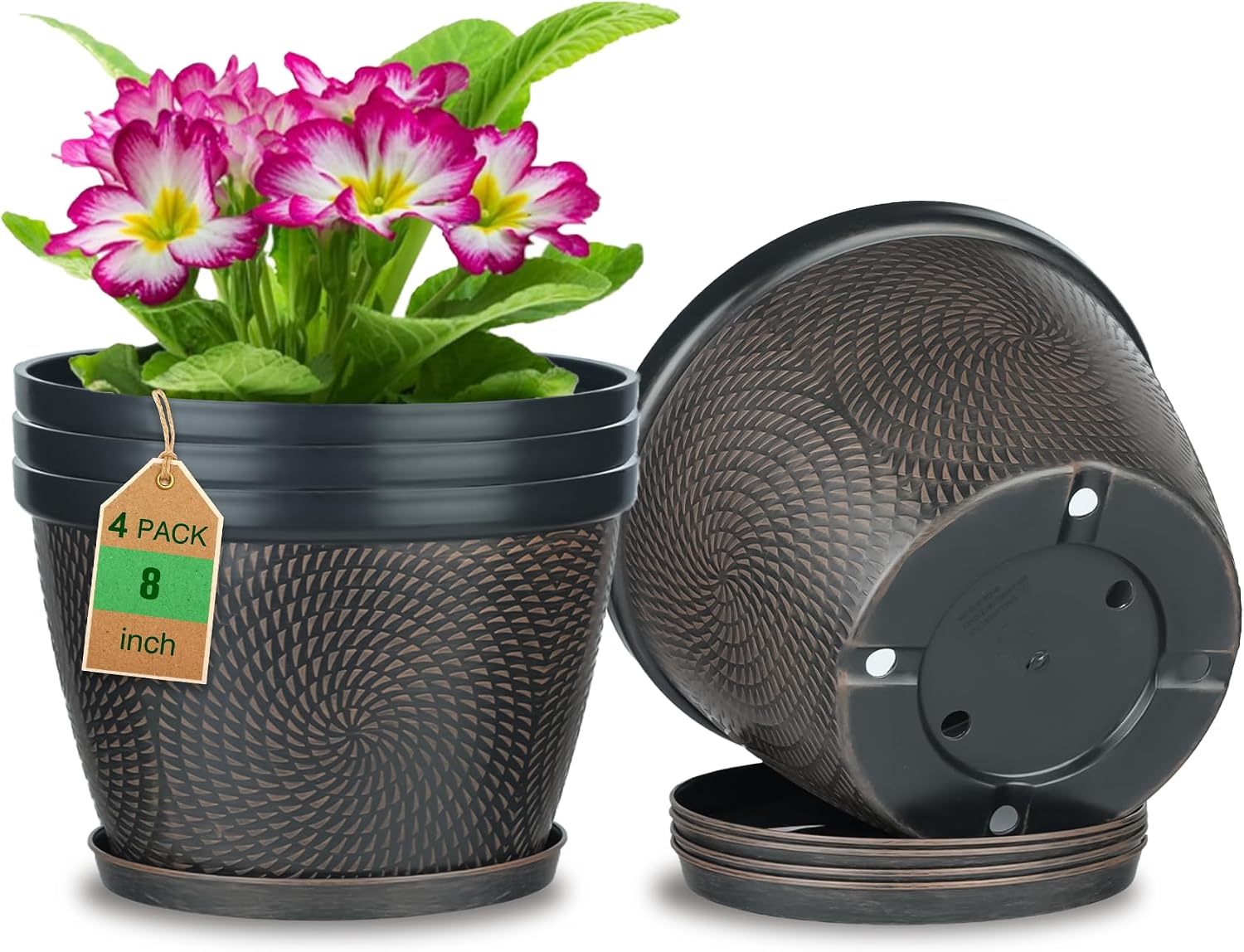 Large Flower Pots with Drainage Holes, 4 Pack, 12 inch