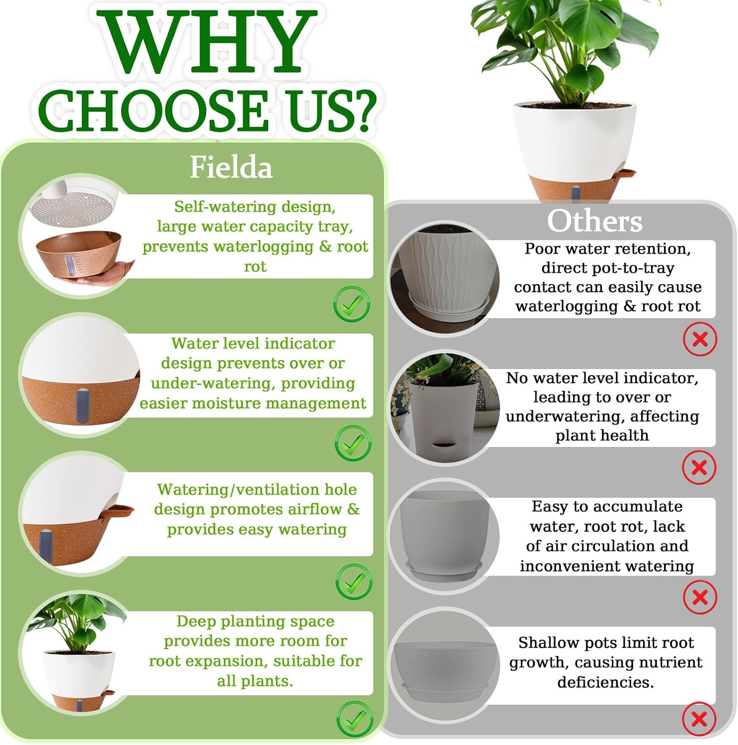 Large Self-Watering Pots, 8, 10 and 12 inch