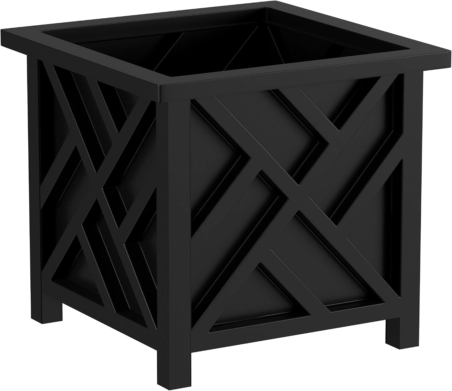 Lattice Outdoor Planter Box, 14.75 inch Square, Black