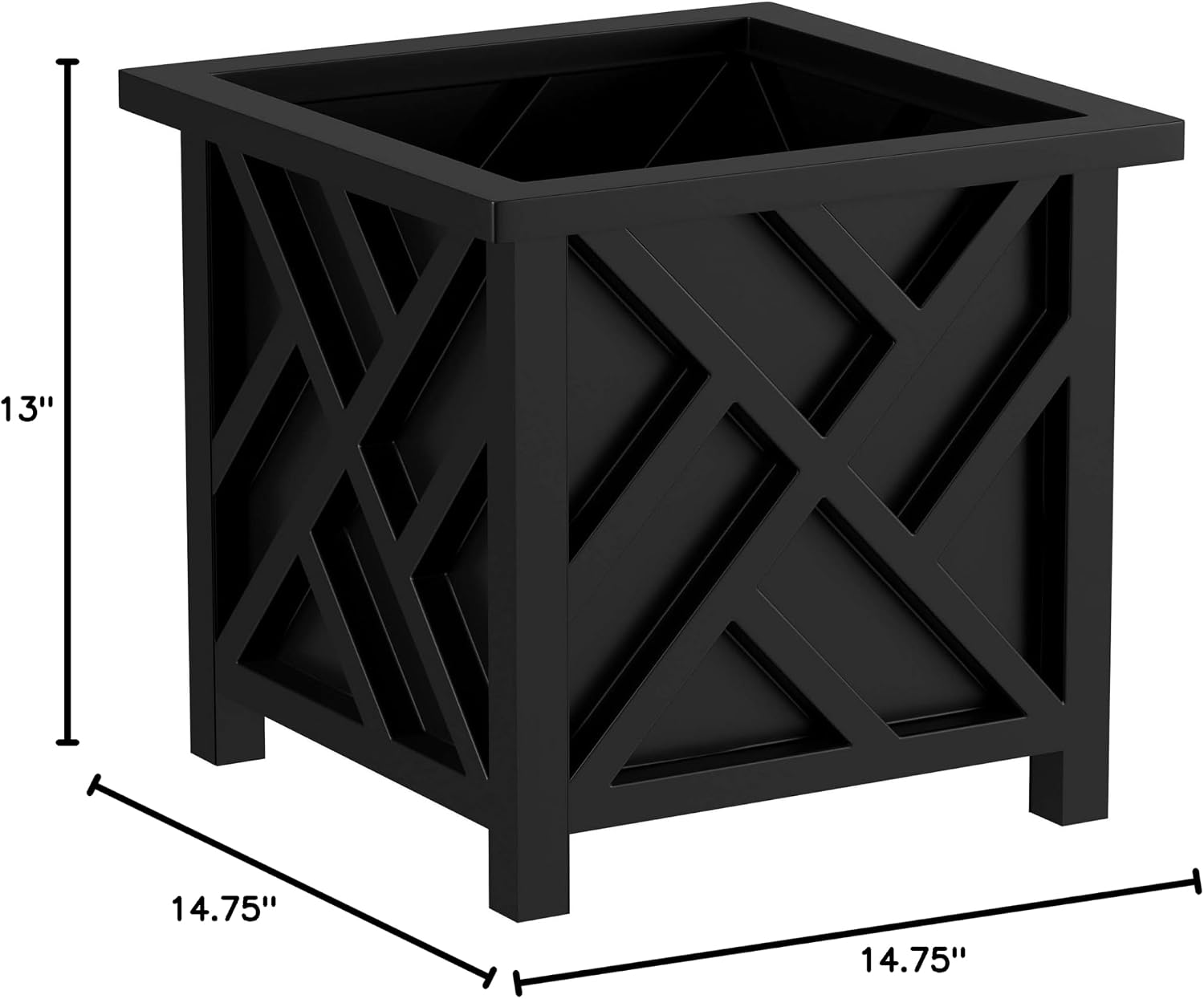 Lattice Outdoor Planter Box, 14.75 inch Square, Black