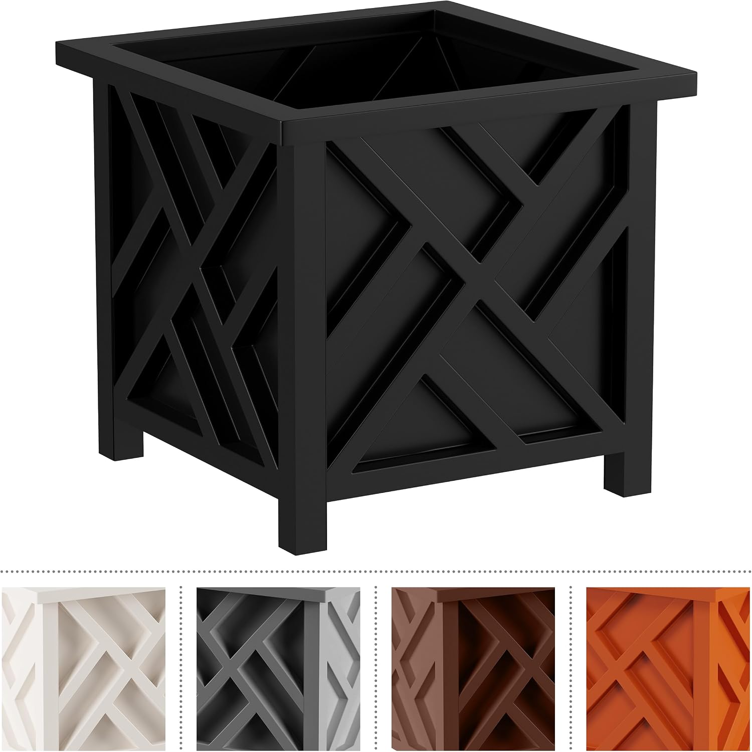 Lattice Outdoor Planter Box, 14.75 inch Square, Black