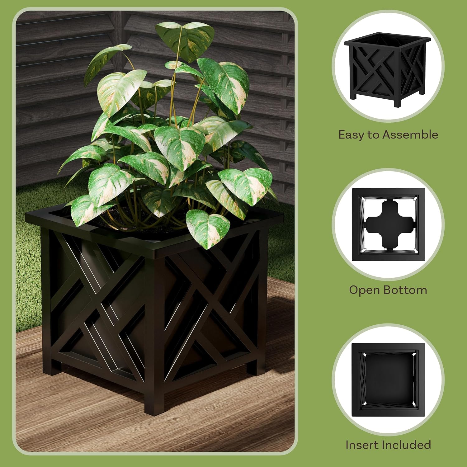 Lattice Outdoor Planter Box, 14.75 inch Square, Black