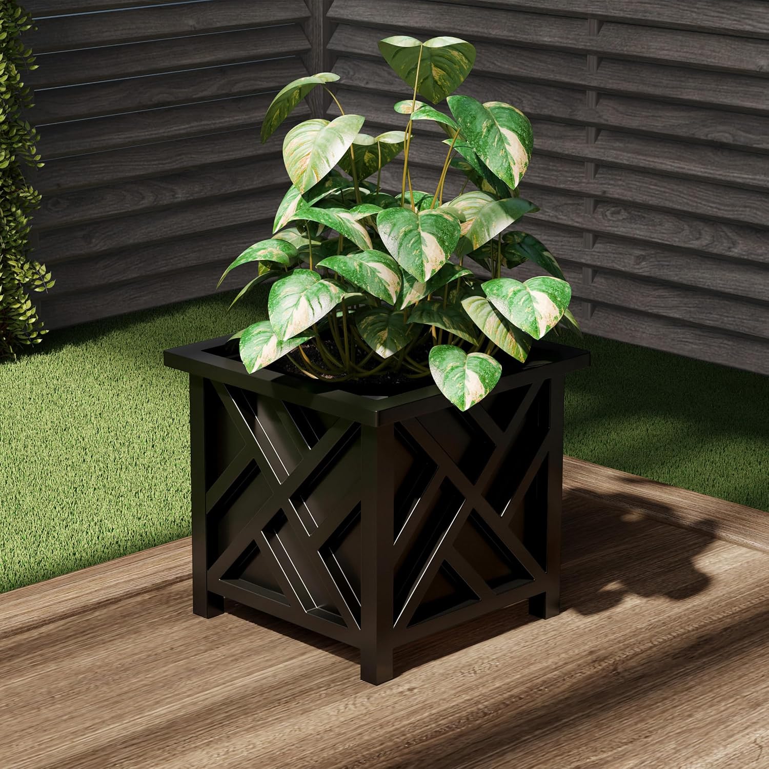 Lattice Outdoor Planter Box, 14.75 inch Square, Black