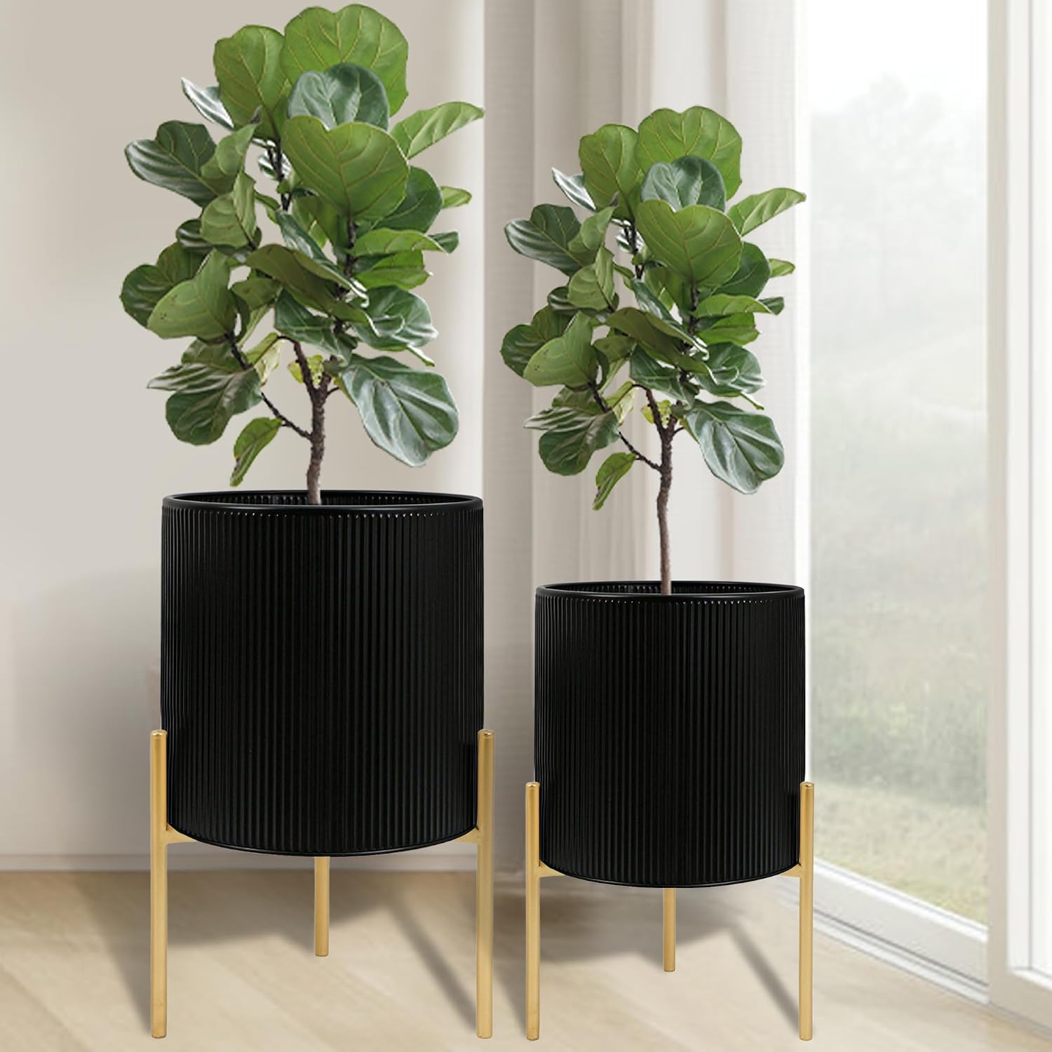 Mid-Century Planters with Wooden Stand, Set of 2