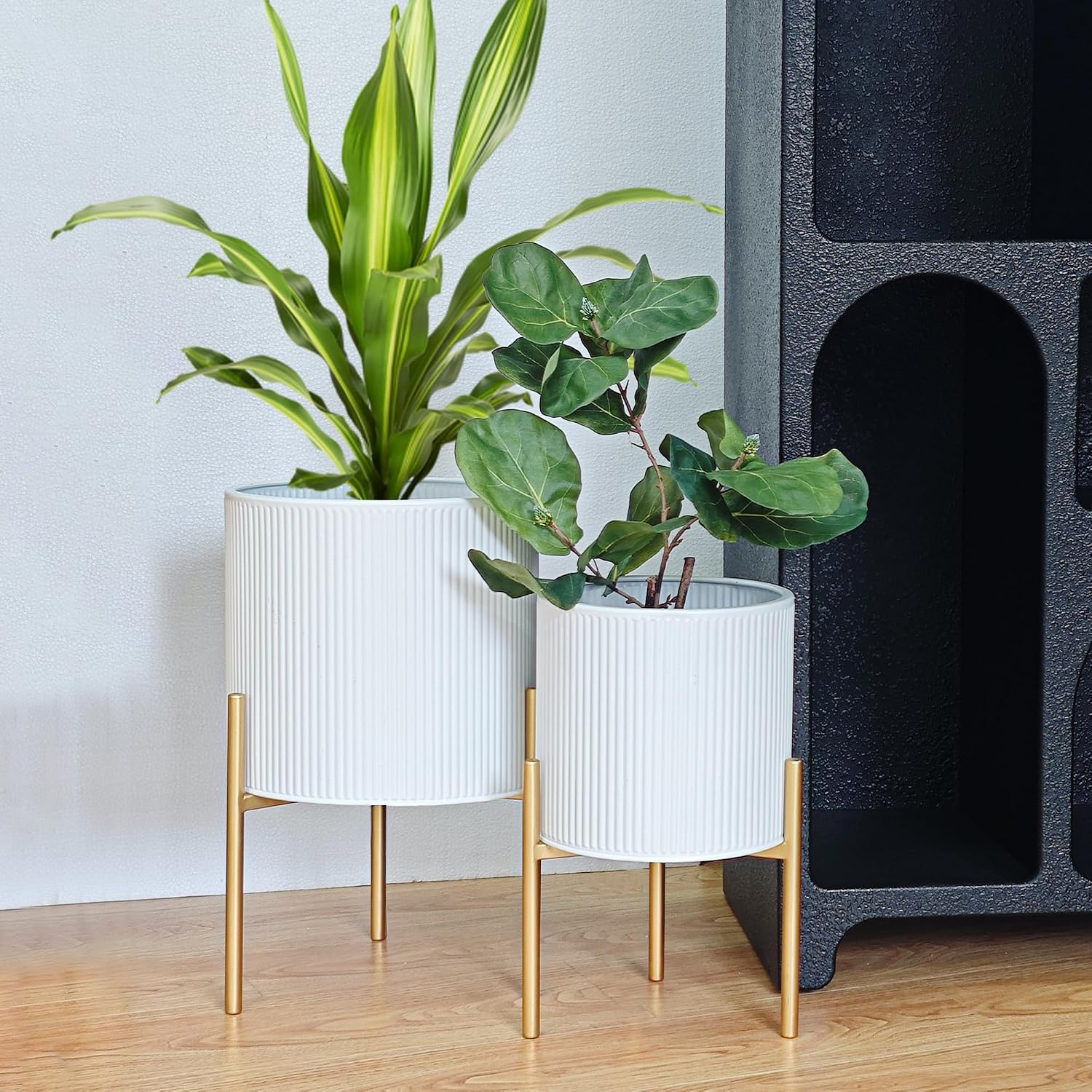 Mid-Century Planters with Wooden Stand, Set of 2