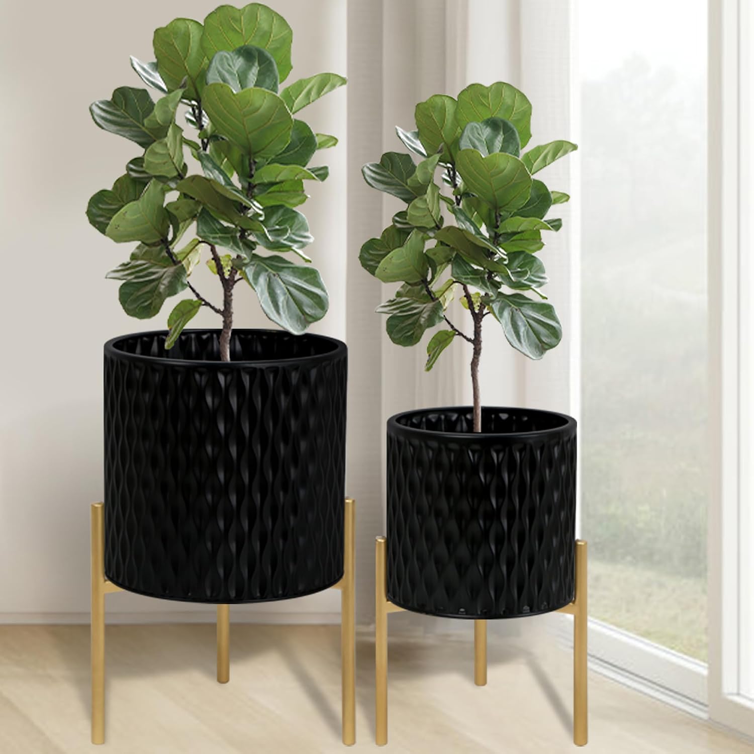 Mid-Century Planters with Wooden Stand, Set of 2
