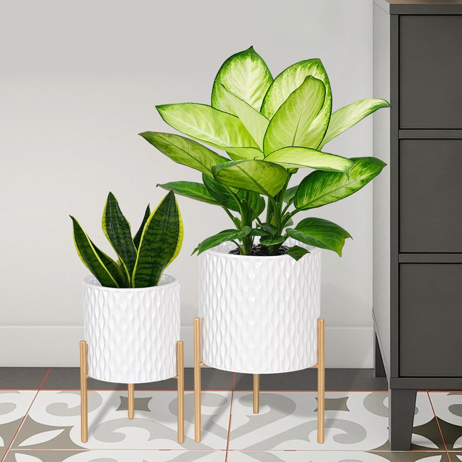 Mid-Century Planters with Wooden Stand, Set of 2