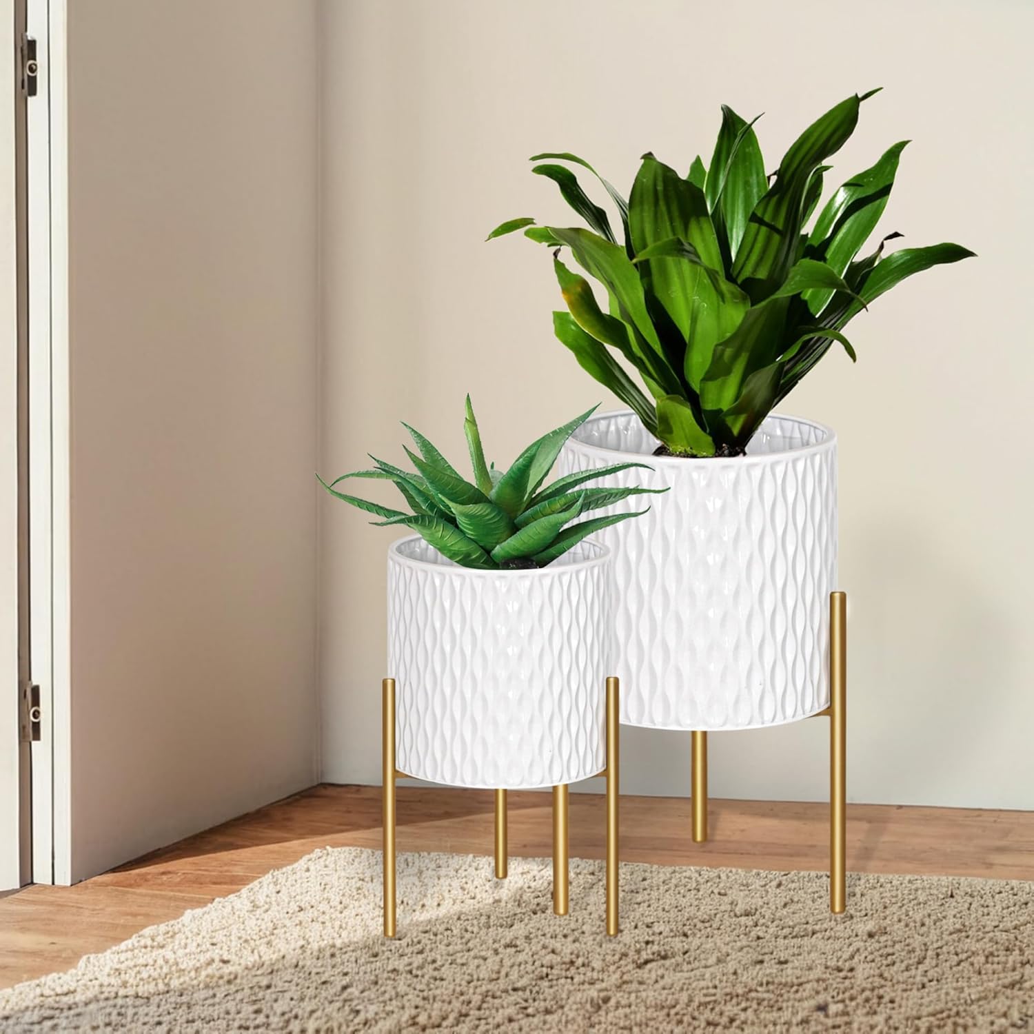 Mid-Century Planters with Wooden Stand, Set of 2