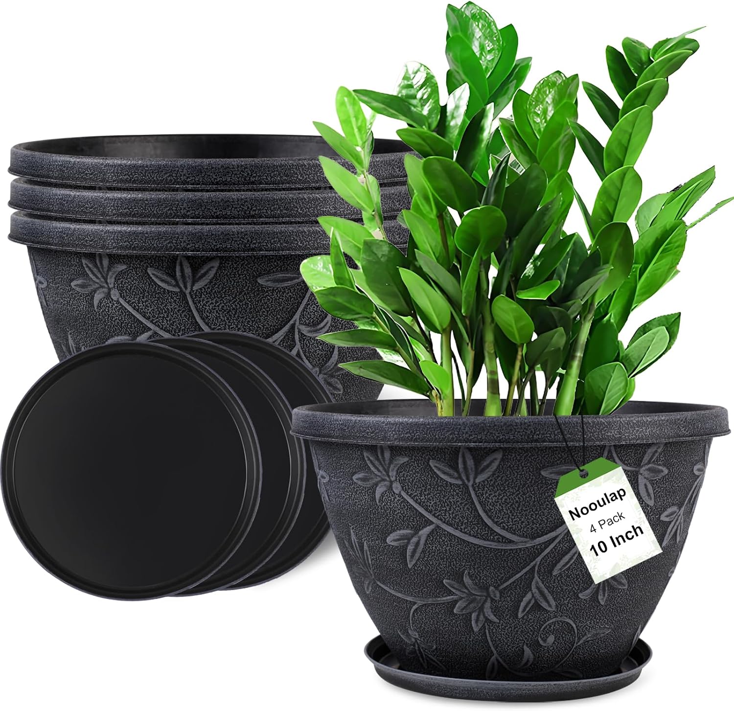Outdoor Flower Pots, 4 Pack, 10 inch, Grey