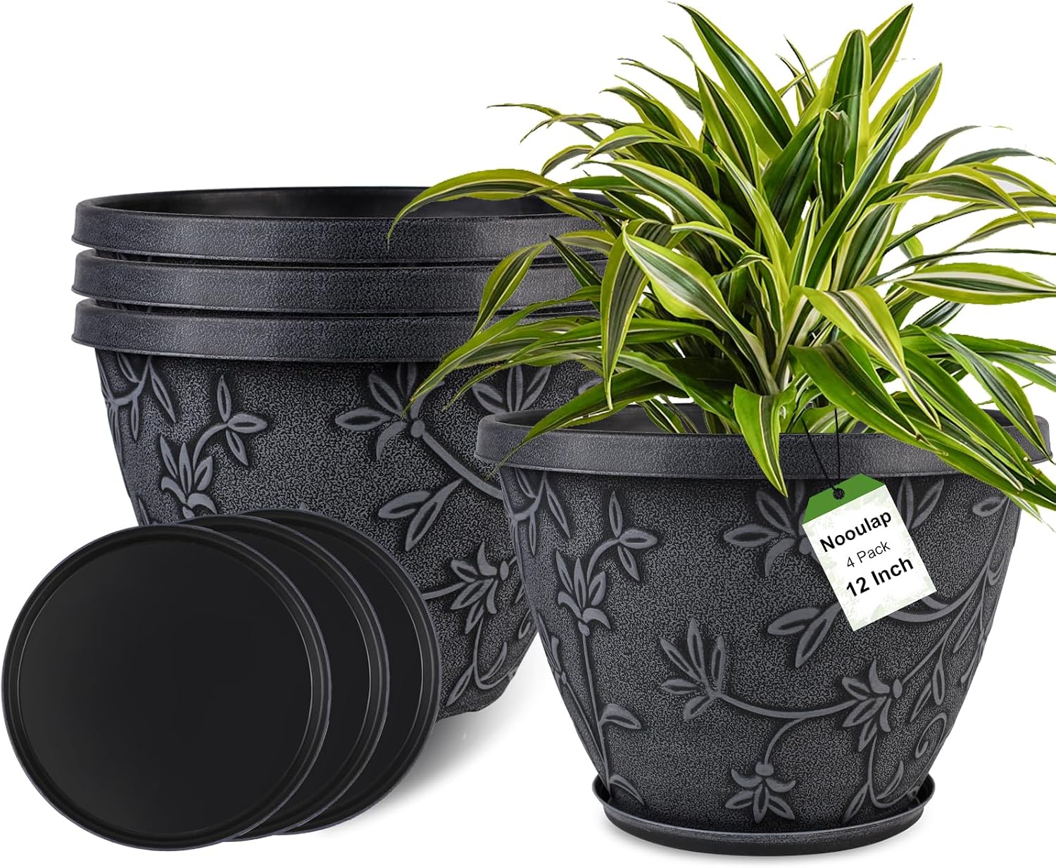Outdoor Flower Pots, 4 Pack, 10 inch, Grey