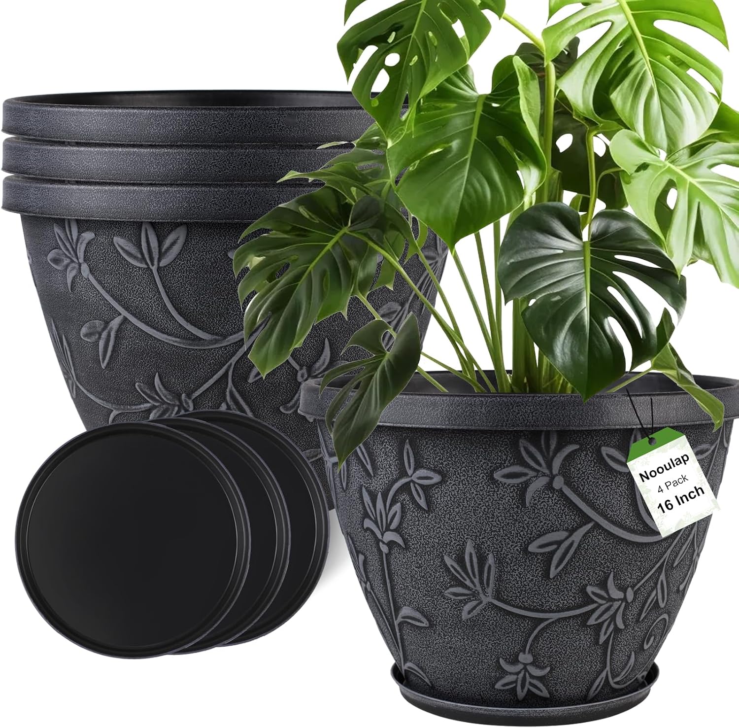 Outdoor Flower Pots, 4 Pack, 10 inch, Grey