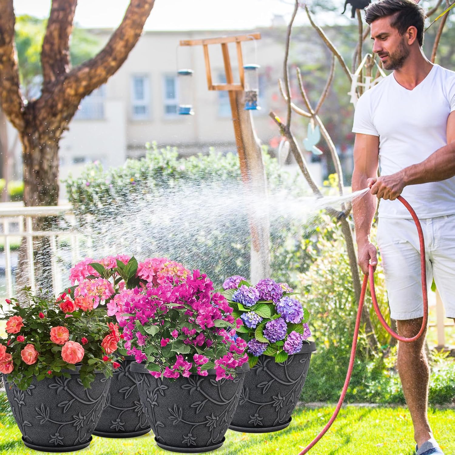 Outdoor Flower Pots, 4 Pack, 10 inch, Grey