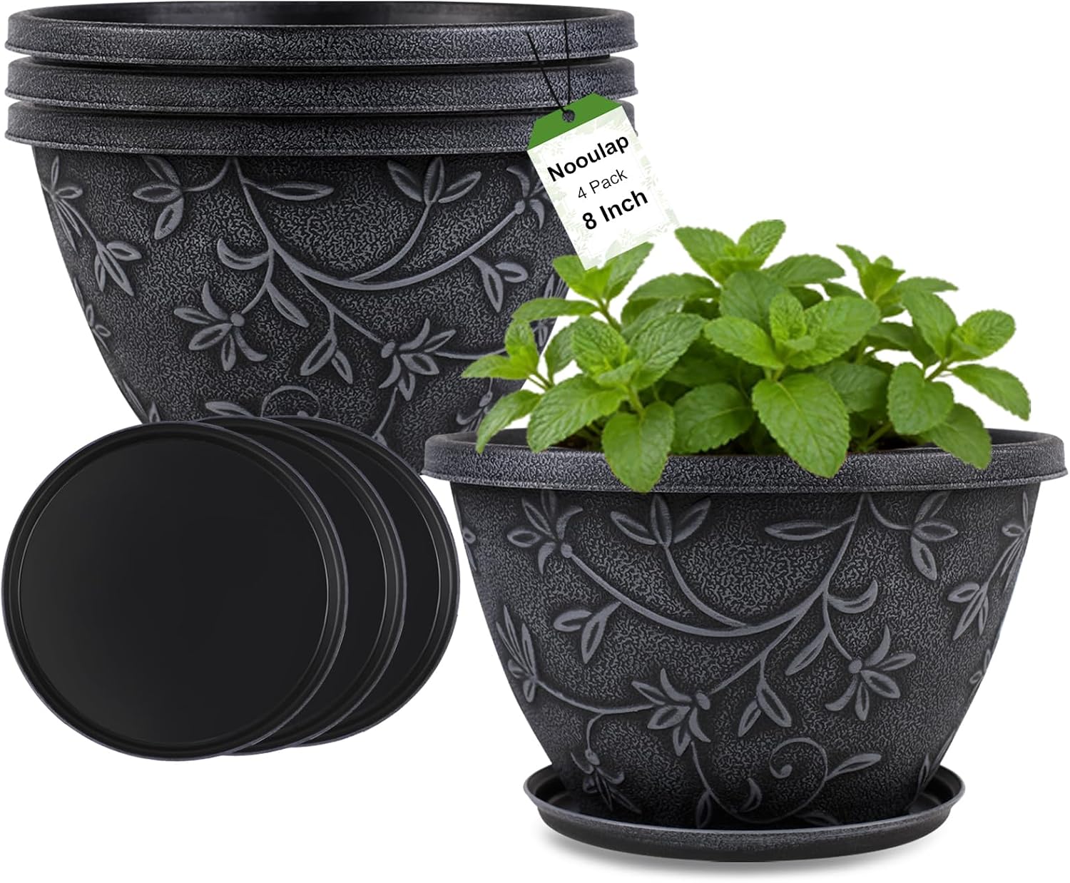 Outdoor Flower Pots, 4 Pack, 10 inch, Grey