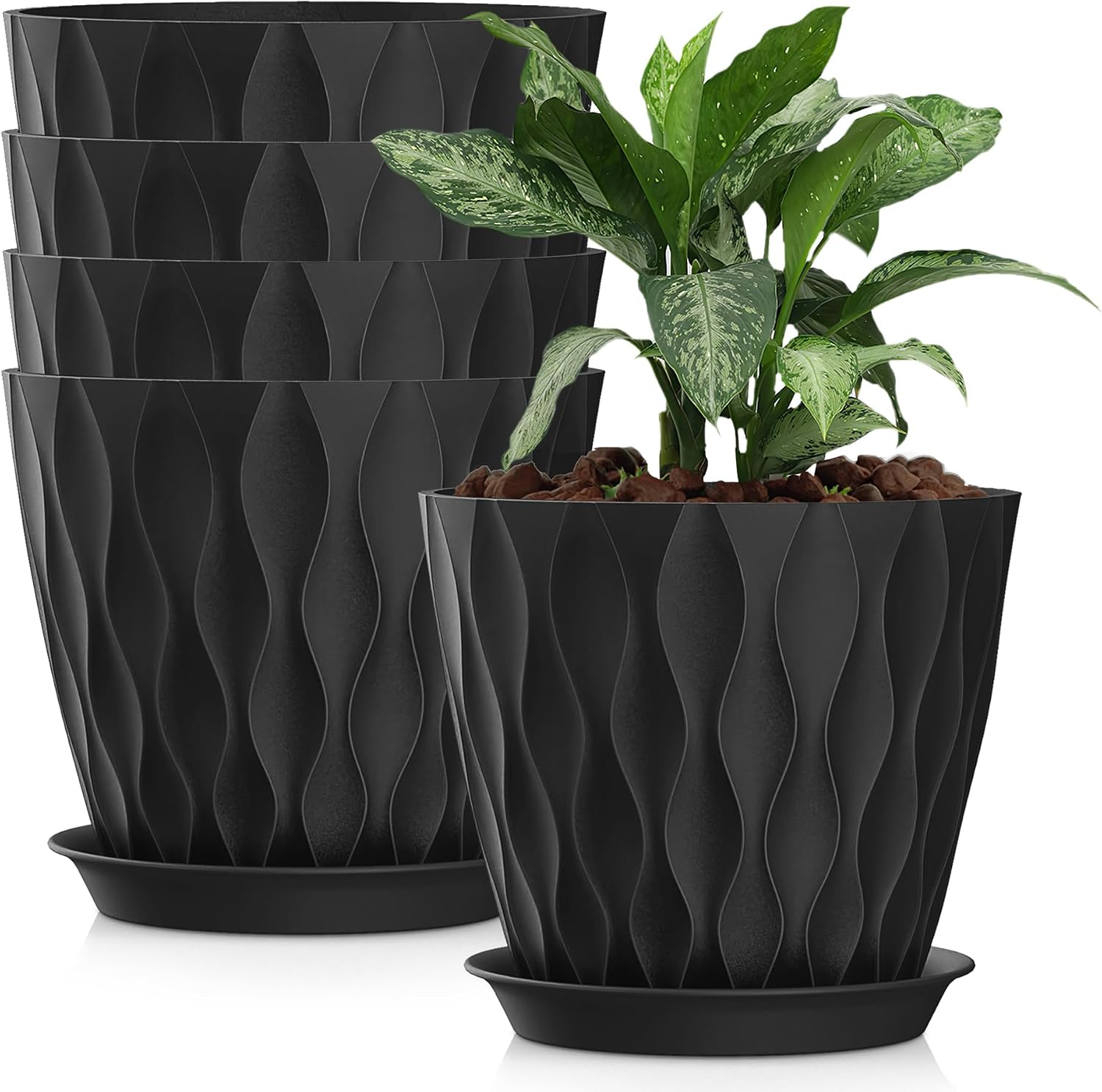 Plastic Plant Pots, Set of 5, 8 inch