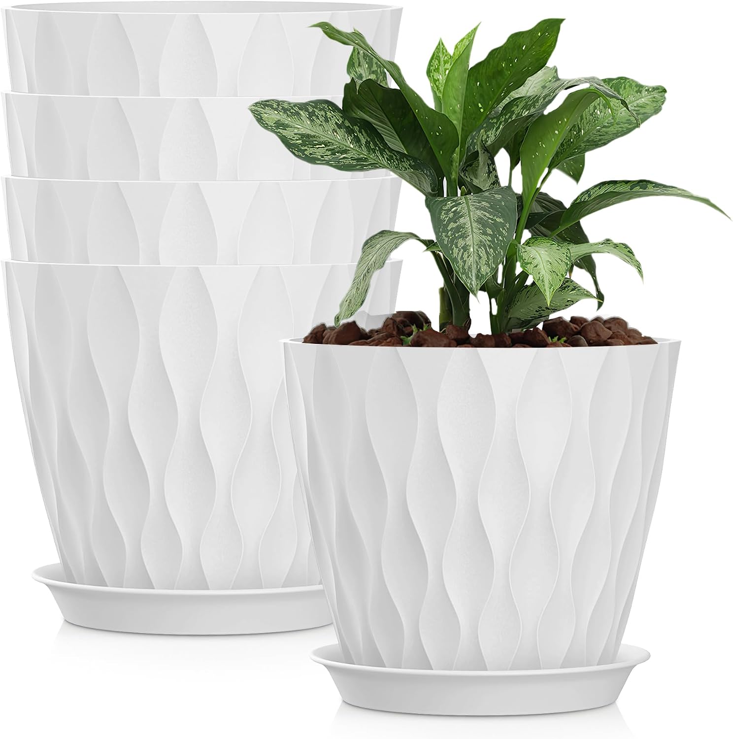 Plastic Plant Pots, Set of 5, 8 inch