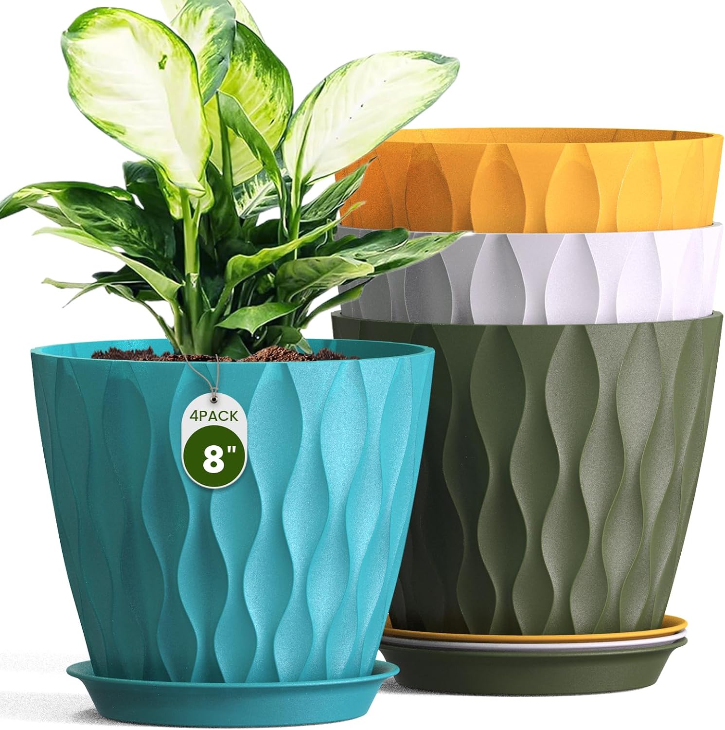 Plastic Planters with Saucers, 4 Pack, 8 inch