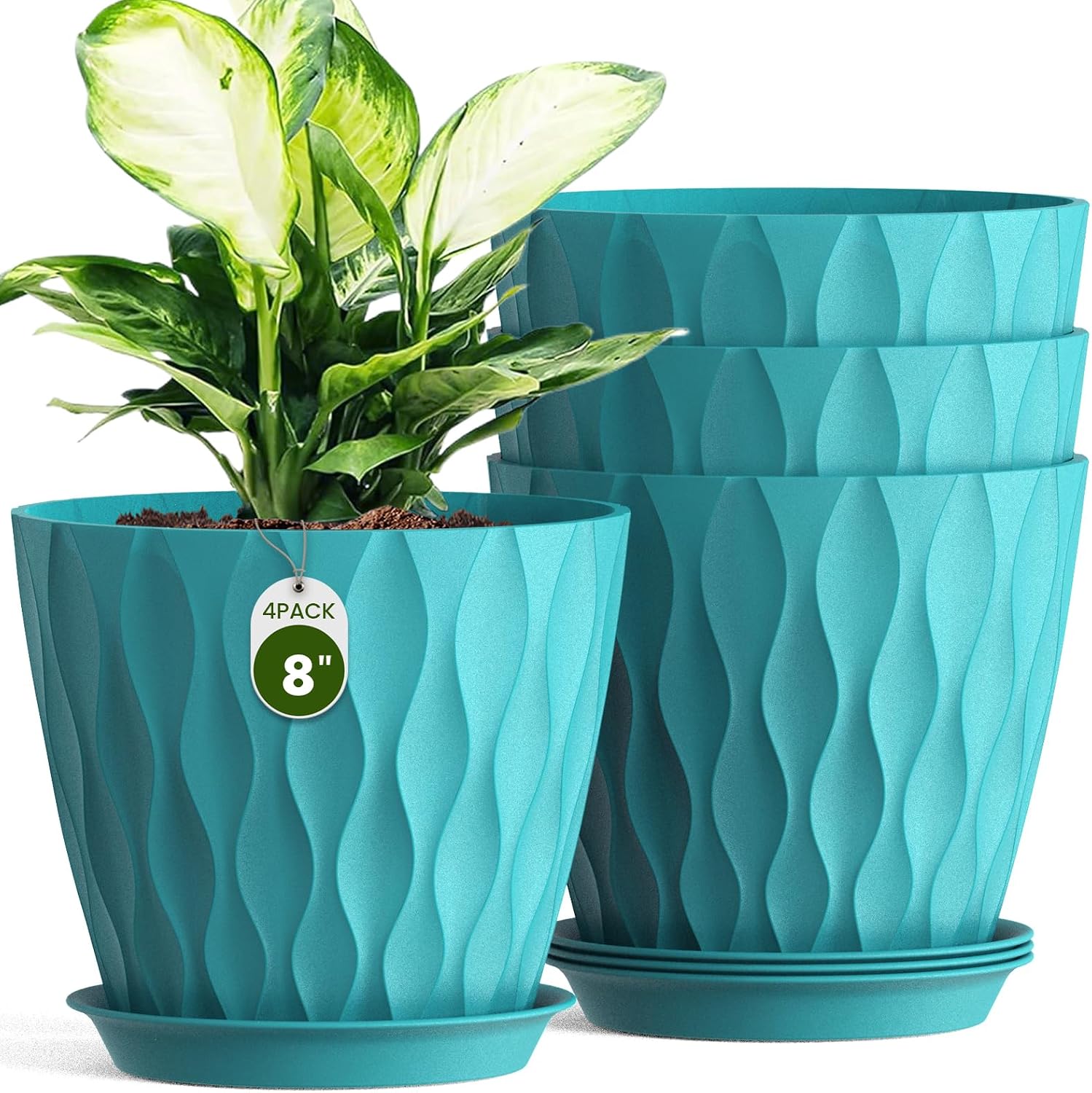 Plastic Planters with Saucers, 4 Pack, 8 inch