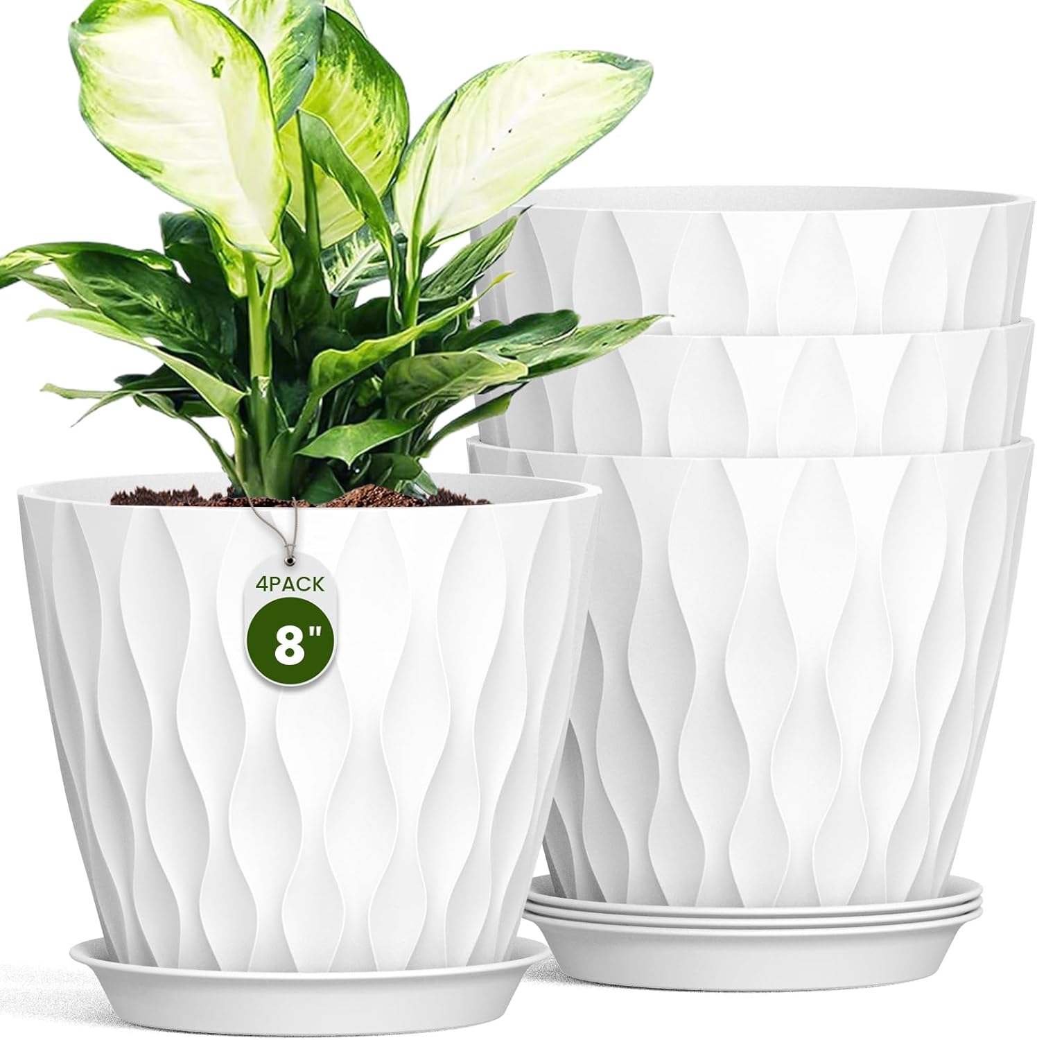 Plastic Planters with Saucers, 4 Pack, 8 inch