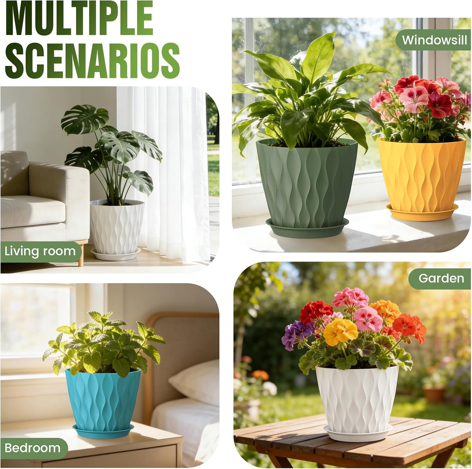 Plastic Planters with Saucers, 4 Pack, 8 inch
