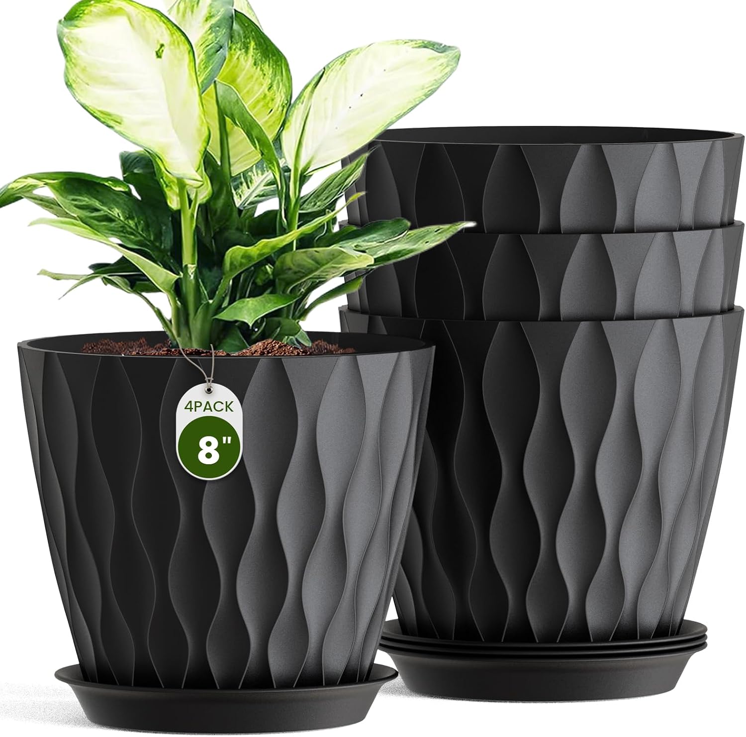 Plastic Planters with Saucers, 4 Pack, 8 inch