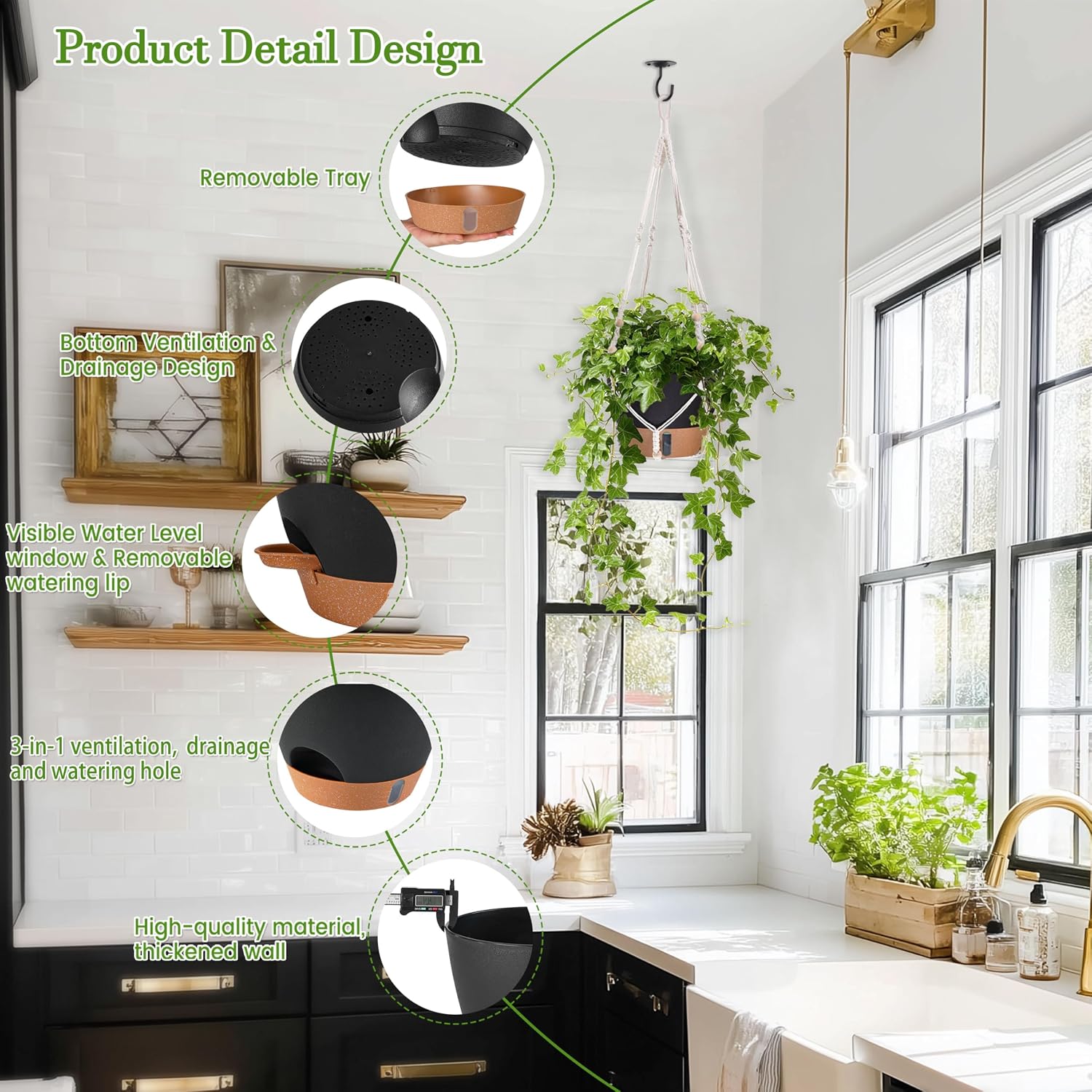 Self-Watering Hanging Planters, 2 Pack, 10 inch, Black