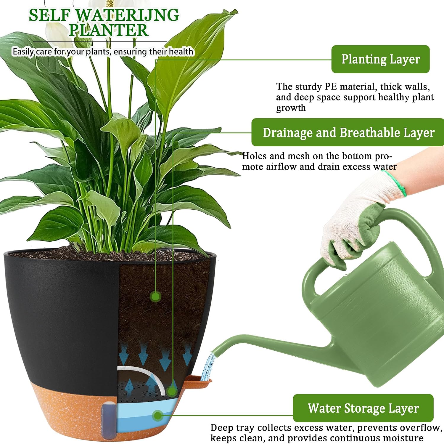 Self-Watering Pots for Indoor and Outdoor Plants, 3 Sizes