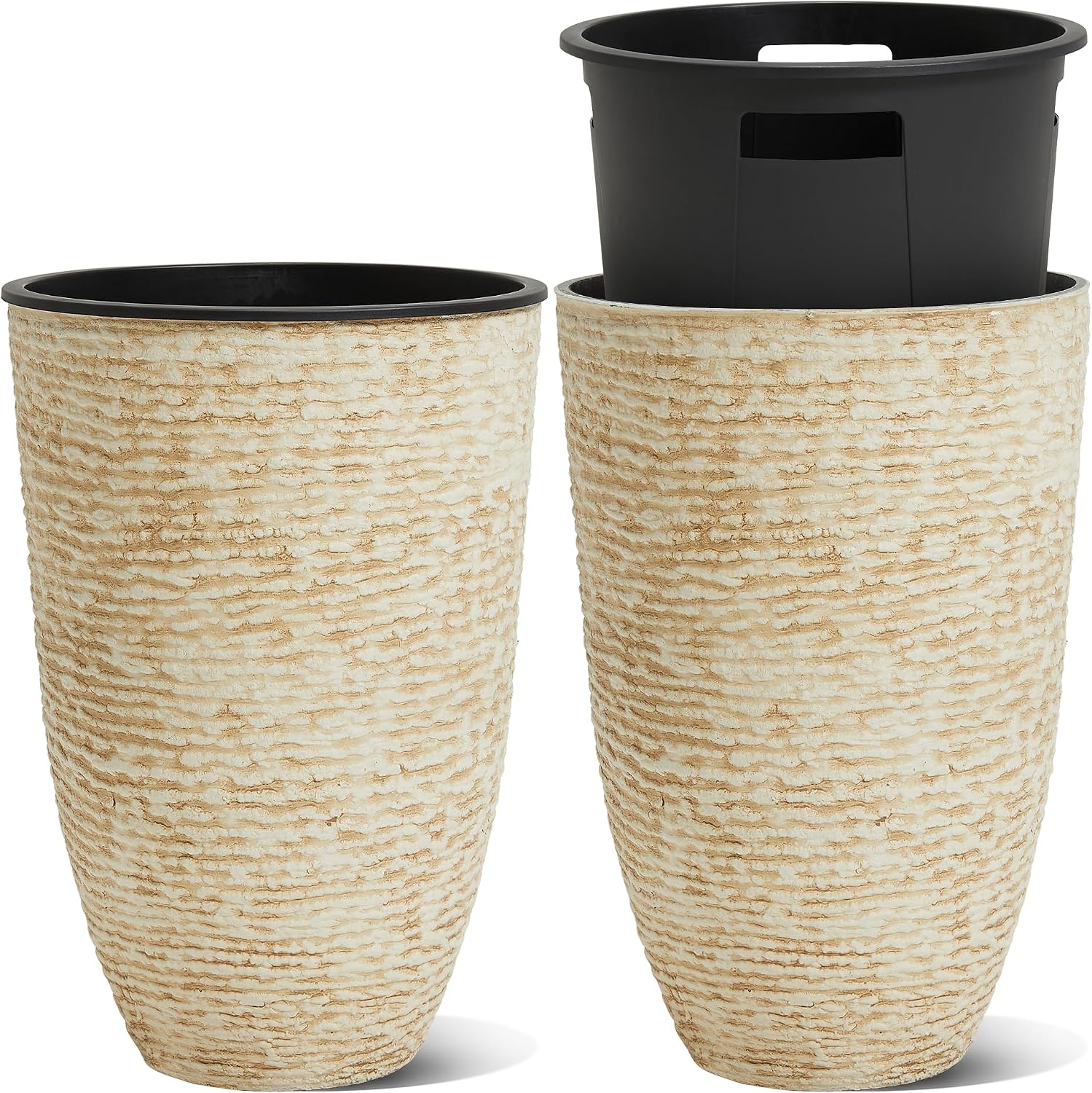 Tall Planters with Inside Pots, Set of 2, 21 inch, Beige