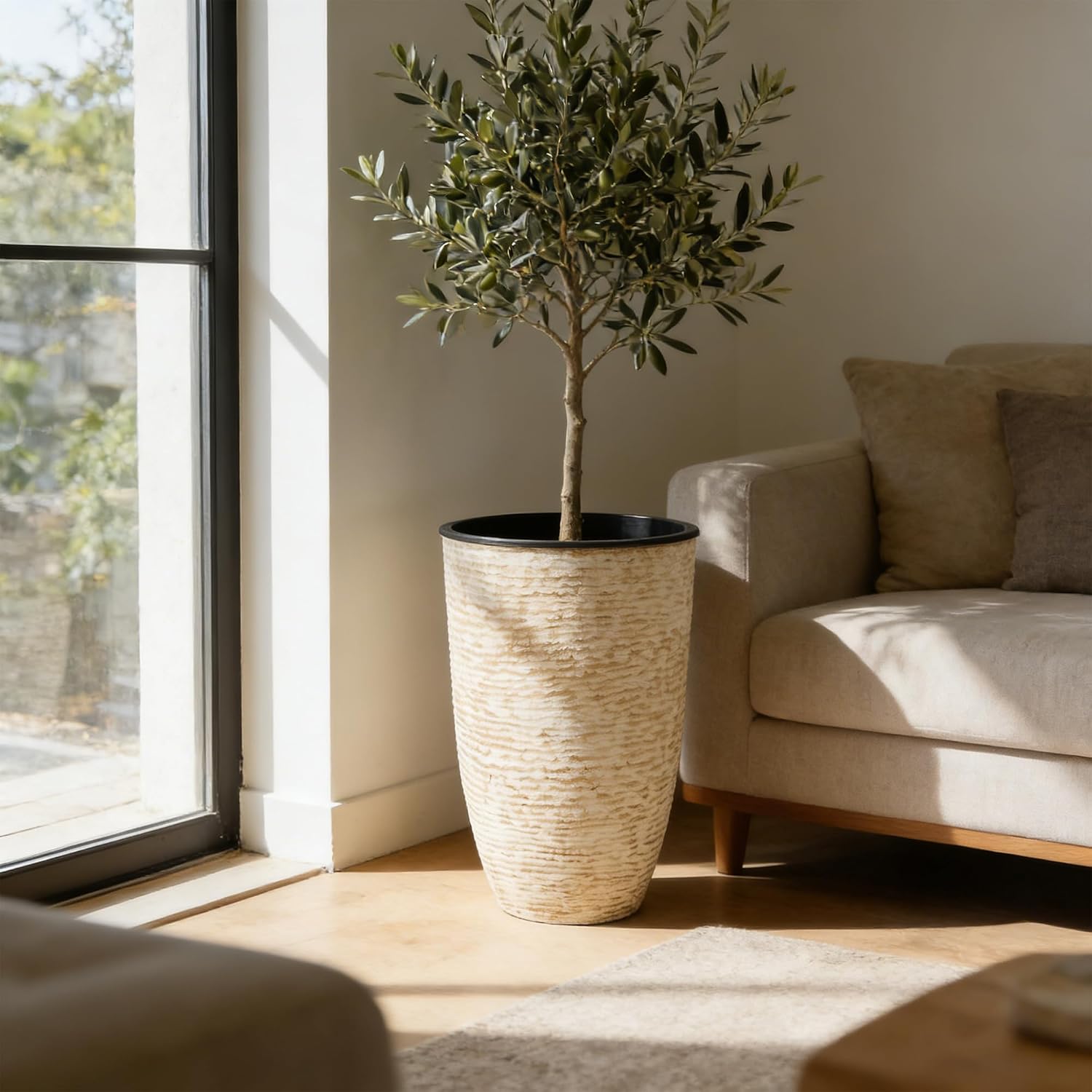 Tall Planters with Inside Pots, Set of 2, 21 inch, Beige