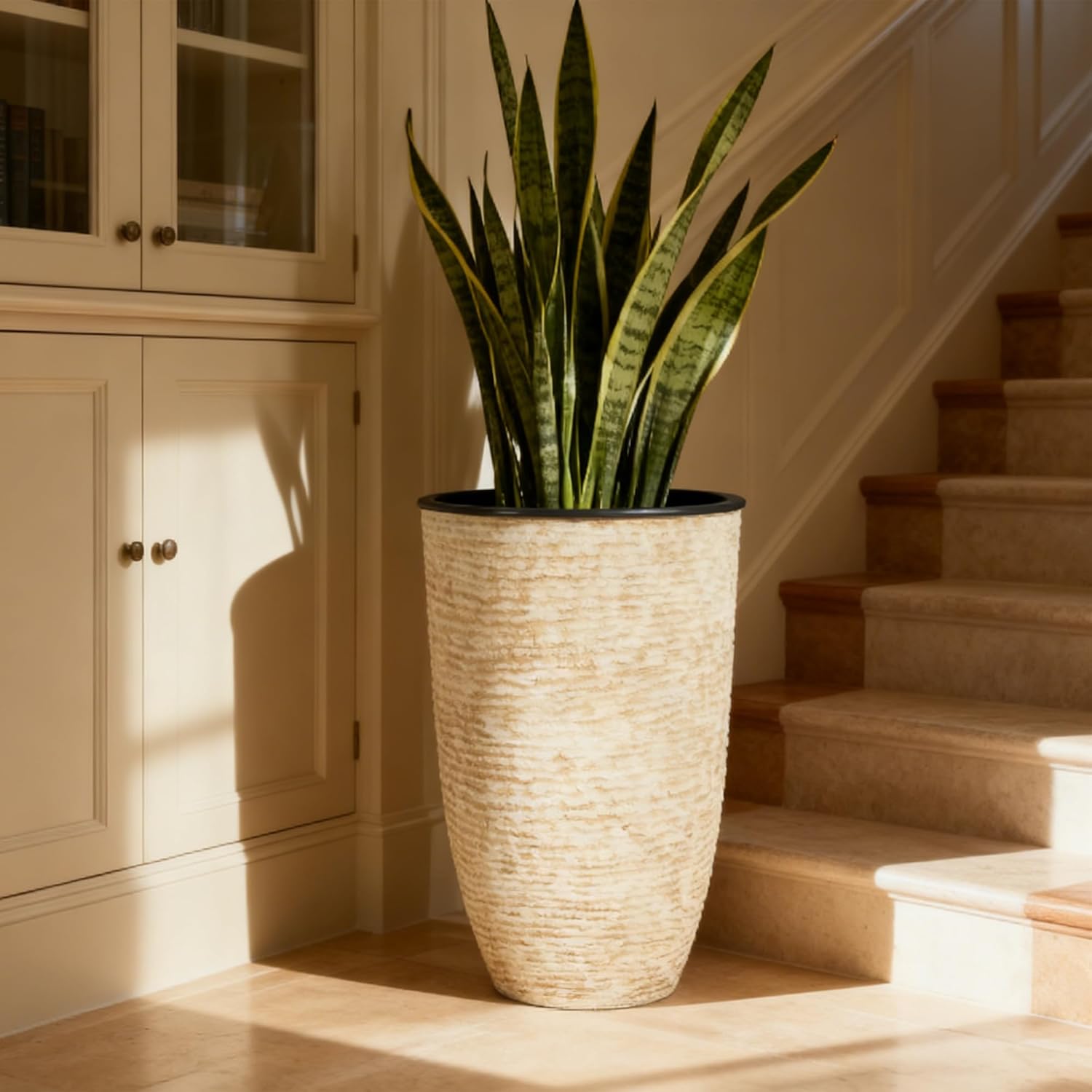 Tall Planters with Inside Pots, Set of 2, 21 inch, Beige