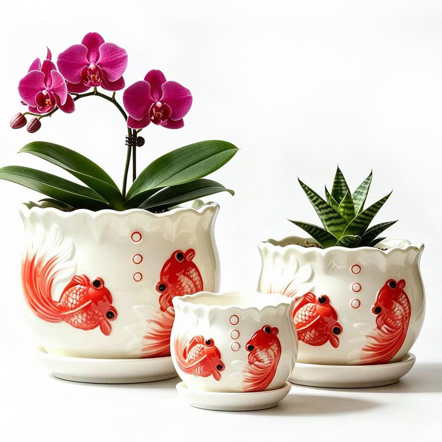Vintage-Style Round Ceramic Pots with Saucers