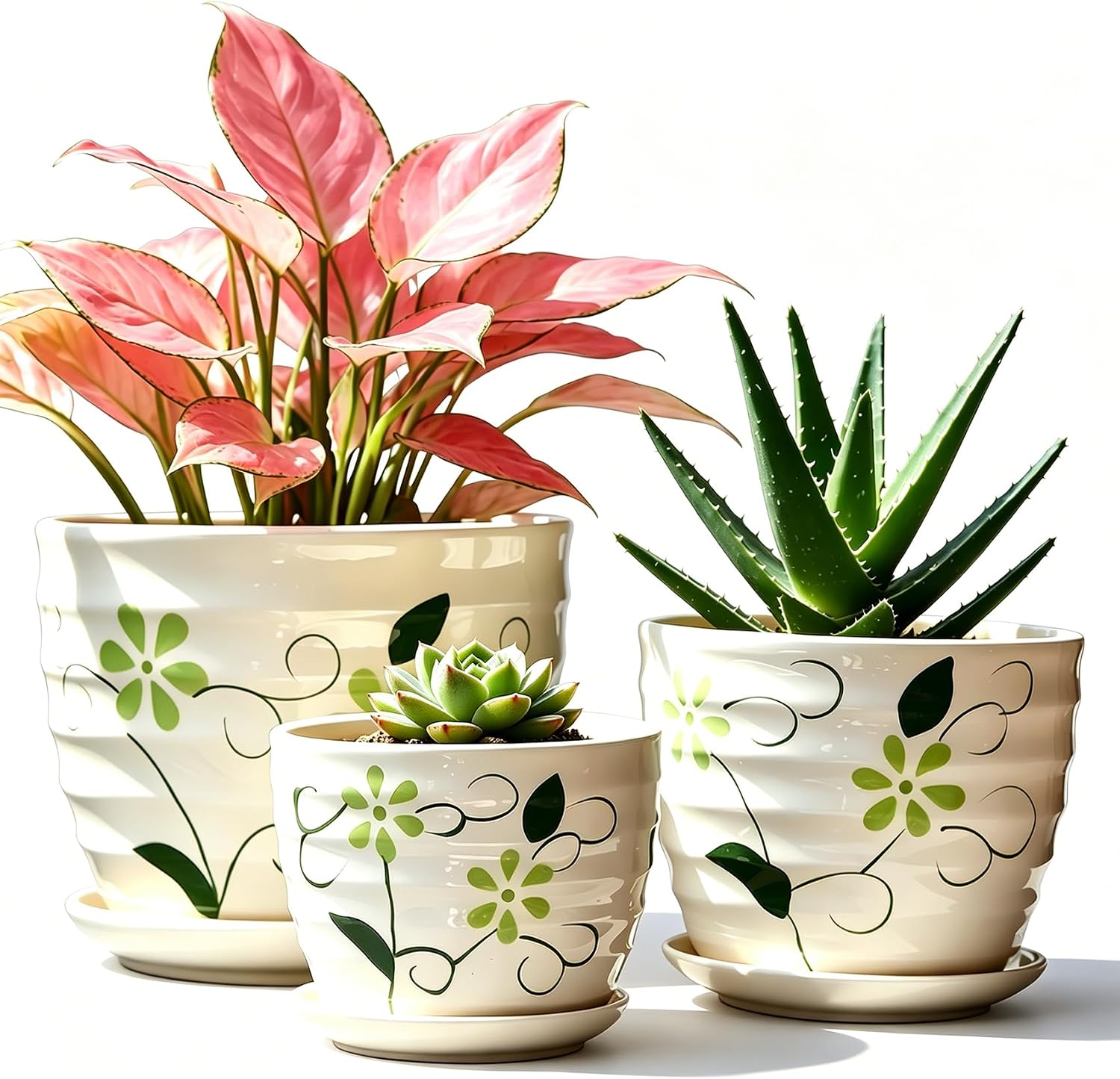 Vintage-Style Round Ceramic Pots with Saucers