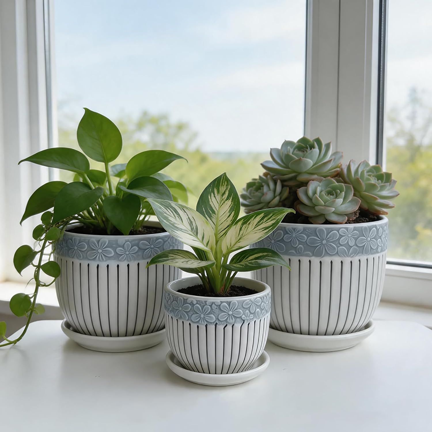 Vintage-Style Round Ceramic Pots with Saucers